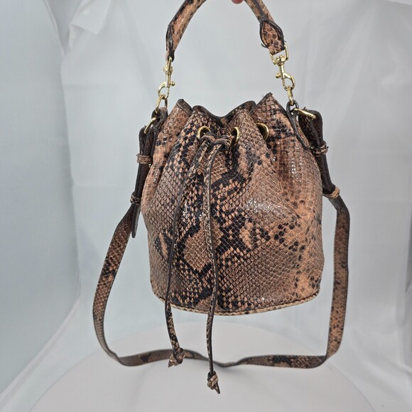 Ann Taylor Handbags - ANN TAYLOR Brown Snakeskin Leather Drawstring Shoulder/Crossbody Bucket Bag